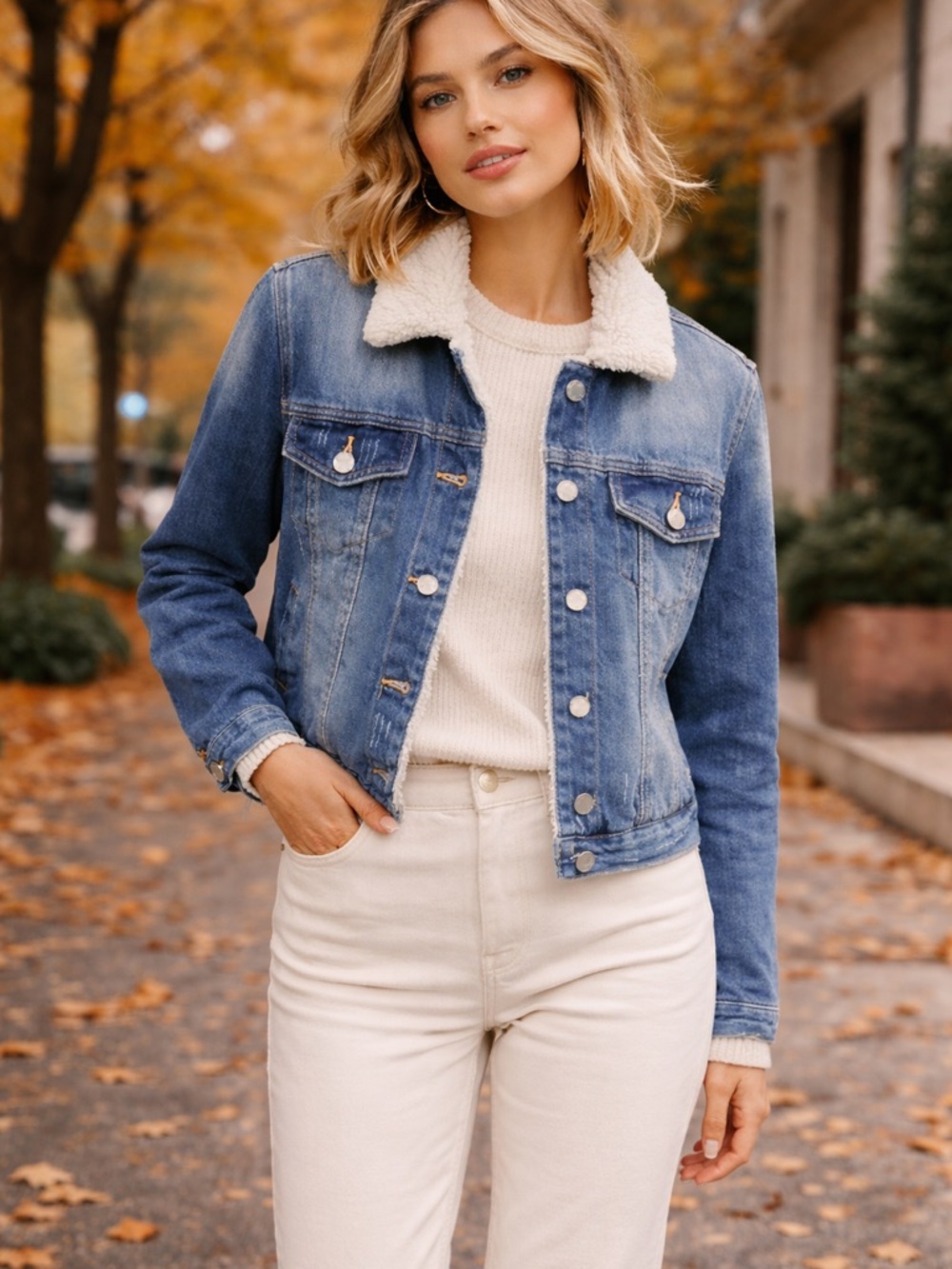 Sherpa Lined Denim Jacket Women’s L Distressed Western Cozy Fall Layer